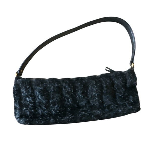 Kate Spade Black Faux Fur Shoulder Bag Embossed Strap Bright Print Lining Chic - Picture 4 of 15